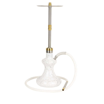 A white Oduman Hybrid V2 hookah shisha nargile with a glass base, stainless steel stem, and a gold-colored hookah tube.